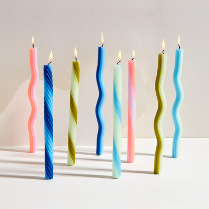Wiggle Candles (2 Pack) - Joyful Dancing Design Taper Candlesticks | Bright Colors | 7/8” diam x 11” Length | Designed by Lex Pott | Made in USA (Blue)