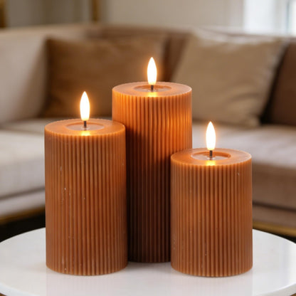 DRomance Battery Operated Flameless Candles with 6 Hour Timer 3 Pack Real Wax Vertical Stripe 3D Wick Flickering LED Pillar Candles Dinner Wedding Christmas Holiday Decor(Brown, 3" D x 5", 6", 7" H)