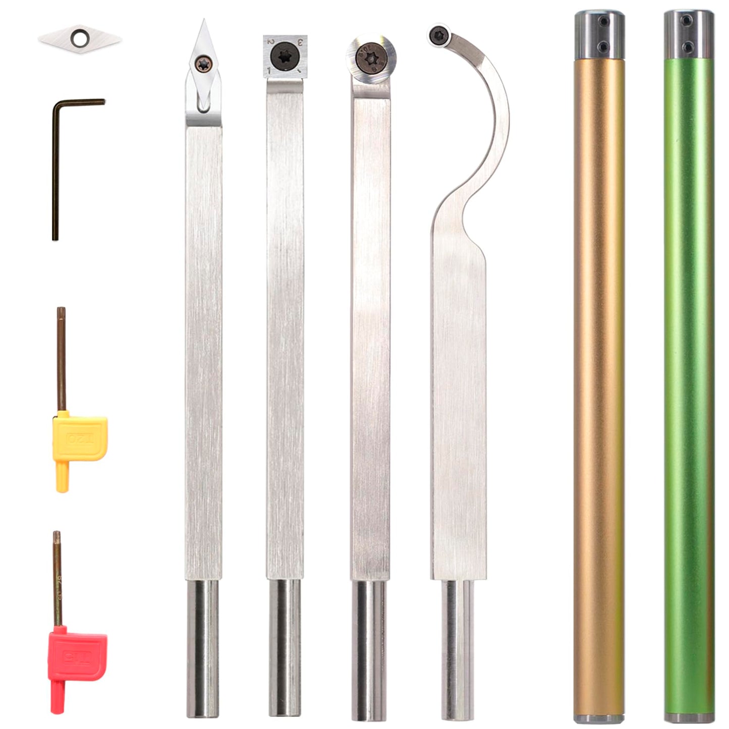 Carbide Tipped Woodturning Tools DW-6 Mid Size Carbide Wood Lathe Tools 4pcs Hollower Rougher Detailer Finisher Made of Stainless Steel and 2pcs aluminium alloy Handle and 5pcs matched Carbide Cutters