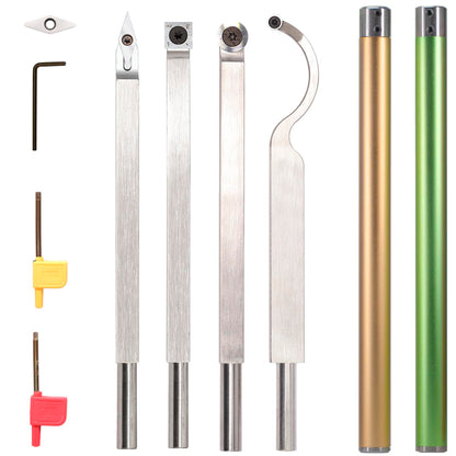 Carbide Tipped Woodturning Tools DW-6 Mid Size Carbide Wood Lathe Tools 4pcs Hollower Rougher Detailer Finisher Made of Stainless Steel and 2pcs aluminium alloy Handle and 5pcs matched Carbide Cutters
