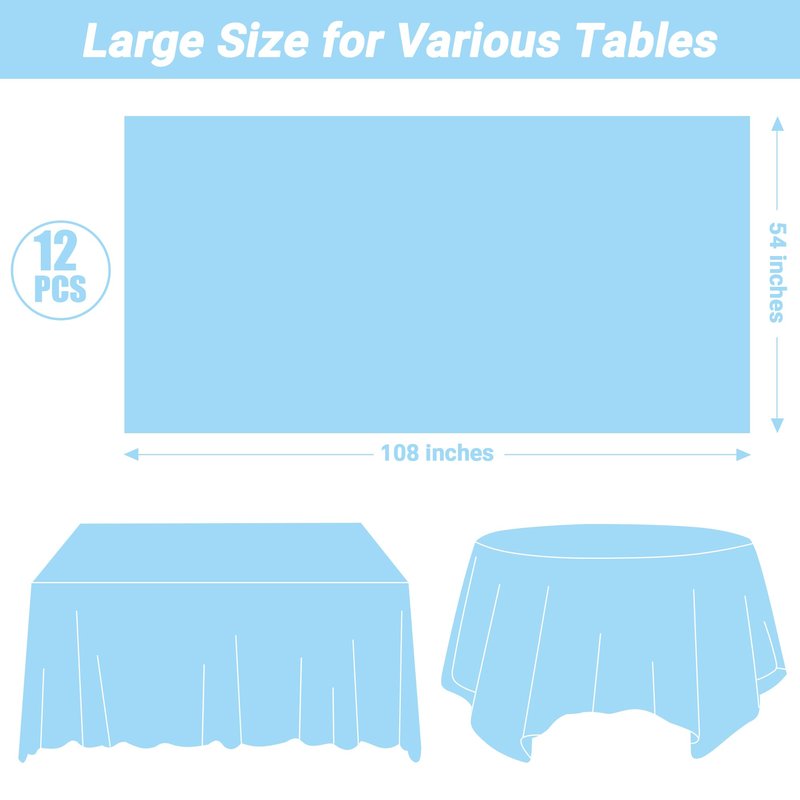 QZYL 12 PCS SkyBlue Plastic Tablecloths, 54 in x 108 in Dinner Table Cloths, Rectangle Table Cover for Birthday Party Family Gathering Wedding