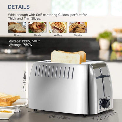 prepAmeal Toaster 2 Slice Stainless Steel Bagel Toaster Extra Wide Slots with 6 Browning Setting, Bagel/Reheat/Defrost/Cancel Function for Toasting Bread, Bagels and Waffles, 750W, Silver