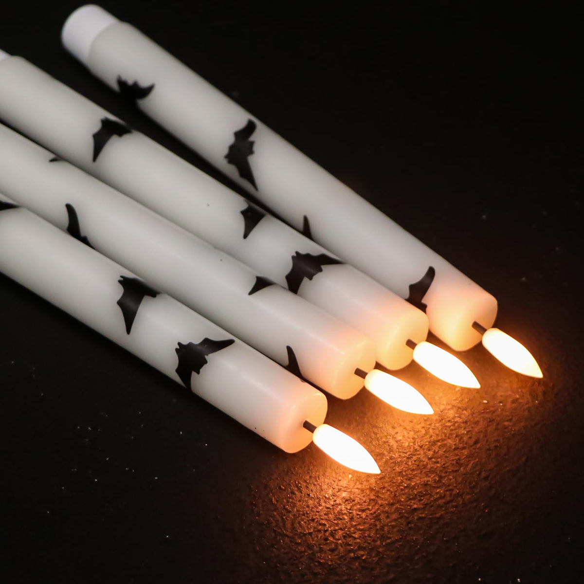 Lasumora Halloween Flameless Taper Candles with Remote Timer, 4 Pack LED Flickering Candlestick, 9.65 Inch Battery Operated Real Wax Candles with Bat Prints for Halloween Decorations