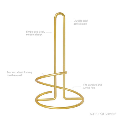 Spectrum Euro Gold Paper Towel Holder Countertop Kitchen Organizer Roll Stand Dispenser with Easy Tear Arm, Weighted Sturdy Base Fits Standard Jumbo Rolls Modern Design Durable Construction