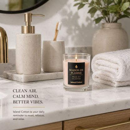 Fresh Linen Scented Candle, Soy Wax Candle for Bathroom, Powder Room & Bedroom, Up to 30 Hour Burn Time, Giftable, Sea Breeze Jasmine and Soft Musk Fragrance, Island Cotton, 5.3 oz – Maison De Flamme