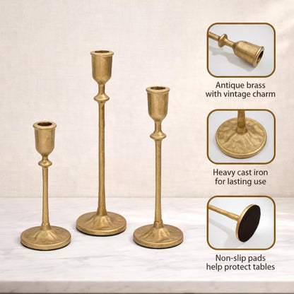 PUKUPIG Candlestick Holders, Set of 3 Taper Candle Holders with Heavy Duty Weighted Base, Matte Brass Gold Metal Stands for Wedding, Mantel & Table Decor, Fits 3/4" & 7/8" Candles