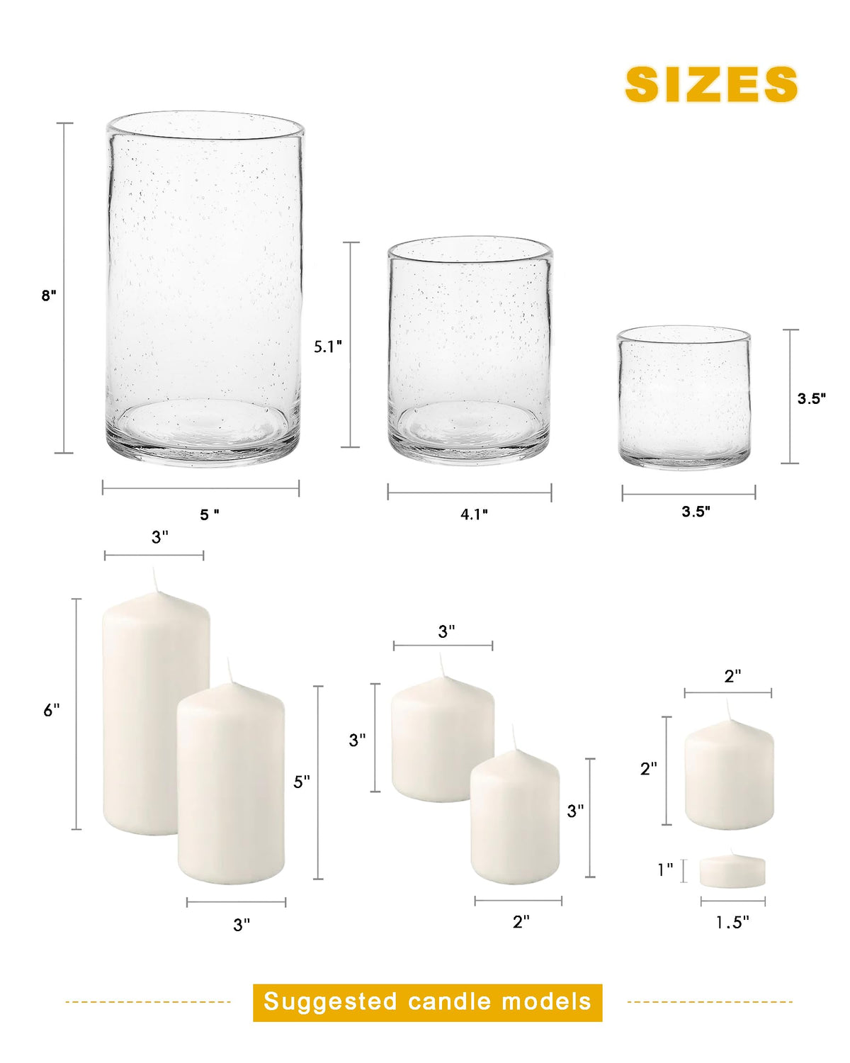ARIAMOTION Glass Candle Holders Set, 3 Sizes 8" 5" 3.5" Height