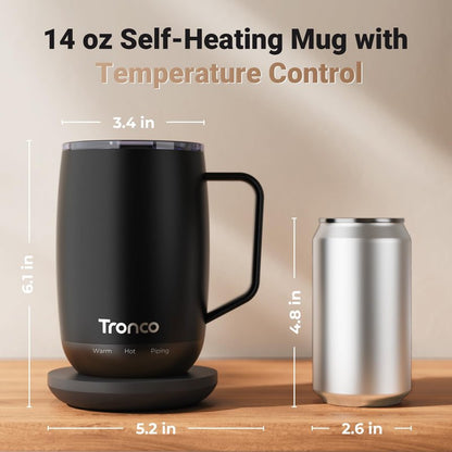 Tronco Temperature Control Heated Coffee Mug 14 oz – Rechargeable Self-Heating Coffee Cup with Lid – Manual Control, 3 Modes, 130 Min Battery Life, Auto Shut-Off (Rose)