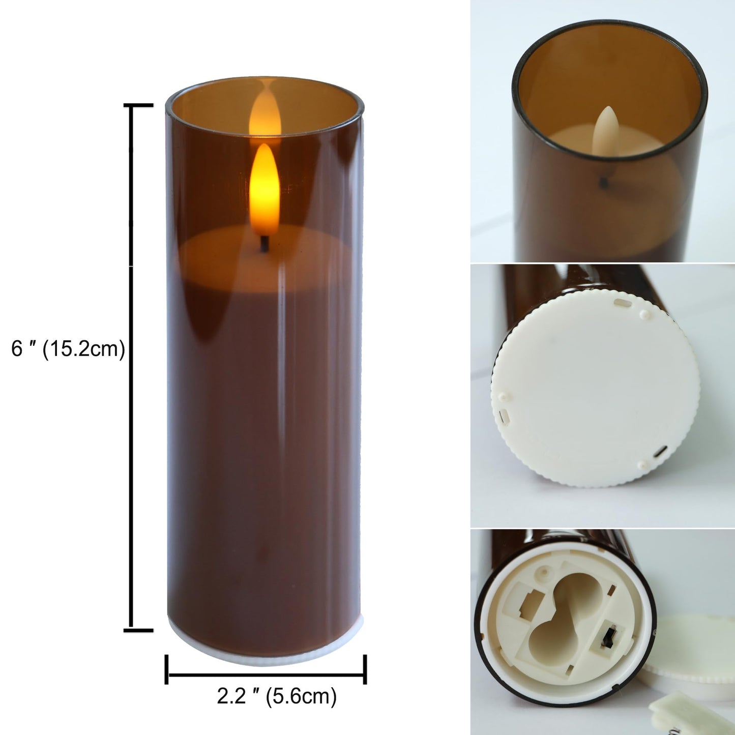 CANDLE CHOICE Indoor Outdoor Flameless Candles with Timer Waterproof Realistic Flickering Battery Operated Pillar LED Lights with Acrylic Shell Wedding Party Christmas Decorations 6 Pack 2”x6” Brown