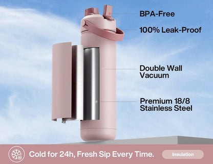POWCAN 26 oz Insulated Water Bottle with 2-in-1 Straw and Spout Lid, Keep Cold 24H, Leak-Proof, Fits in Car Cup Holder, Stainless Steel Water Bottle for Sports, Travel, Gym, and School (Dried Rose)