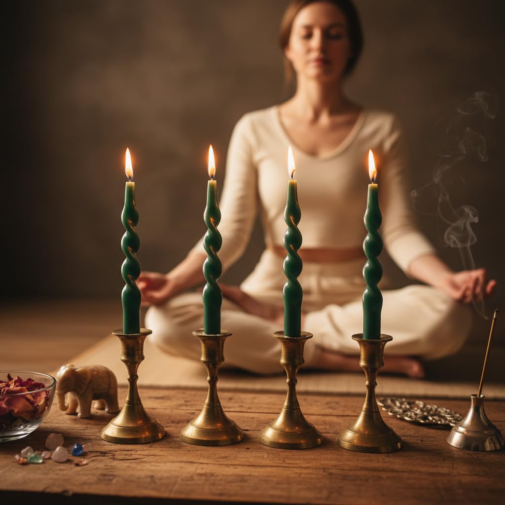 10 Inch Spiral Candles Set of 4, Deep Green Taper Candles, Handmade Twisted Candles, Unscented Candle Sticks for Summer Wedding Dinner Decor