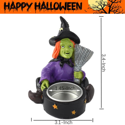 Halloween Candle Holder Spooky Witch with Broom Tealight Candle Holder Scary Halloween Decorations - Skeleton Skull Candle Holder for Bedroom Living Room Mantel Shelf Tabletop Décor