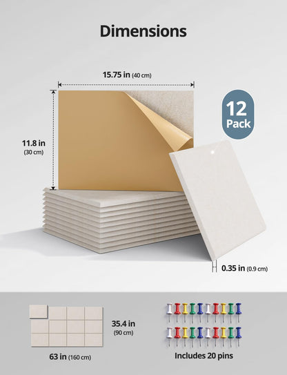 Kuchoow Large Felt Bulletin Cork Board Self-Adhesive Beige Pin Wall Tiles, 48'' x 36'' Rectangular Vision Tack Panels for Classroom Office Display 12 Pack Corkboard for Kitchen Bedroom Home Decor