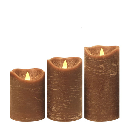 CANDLE CHOICE Battery Operated Flameless Candles with Timer Real Wax Realistic Flickering Electric LED Pillars Automatic Built-in Daily Cycle Timer 6-Hour on 18-Hour Off Set of 3 Rustic Texture Brown