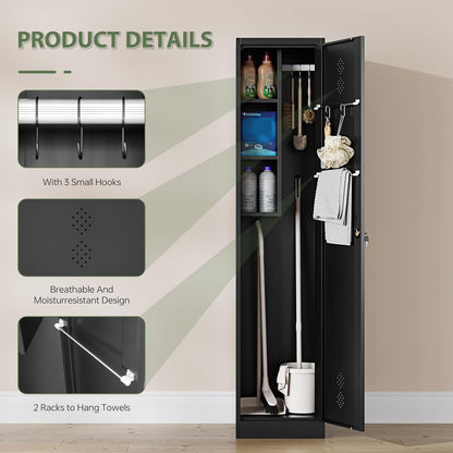 Letaya Broom Closet Storage Cabinet,Metal Cleaning Supply Tool Cabinet,Utility Cabinets for Brooms & Mops Black Garage Organization Cabinet for Laundry Room, Bathroom