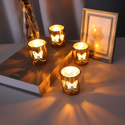 Gold Votive Candle Holders Set, 12 PCS Tea Lights Holder Decorative Bulk with Butterfly Pattern, Candle Holders for Wedding Table, Birthday, Home Decor, Party Supply