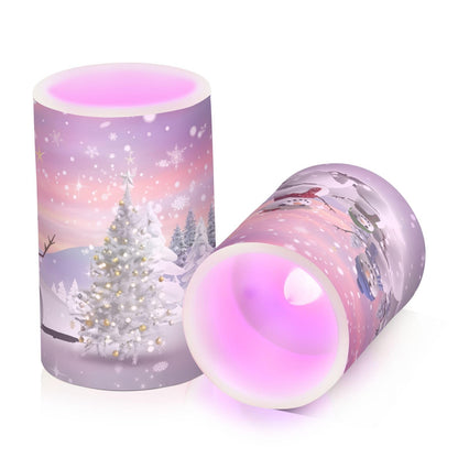 ALAZA Christmas Tree and Snowman Winter Snowflakes Flickering Flameless Candles Battery Operated with Remote Timer,Tea Light Candles LED Pillar Votive Candles Set of 2 for Outdoor Indoor Decorations