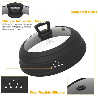 Microwave Splatter Cover Vented Glass Splatter Guard Lid with Collapsible Silicone for Food as Pot Cover Plate 10.8 inch for 6 7 8 9 10 inch Plate Bowl