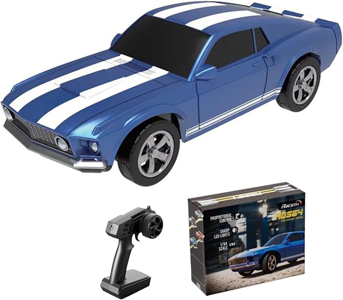 1/64 Scale Drift RC Car2.4Ghz Mini Sports CarEquipped with LED Lights and Mustang Retro Cars with Built-in GyroscopeProfessional Rear Wheel Drive30 Minute Driving Time (Blue)
