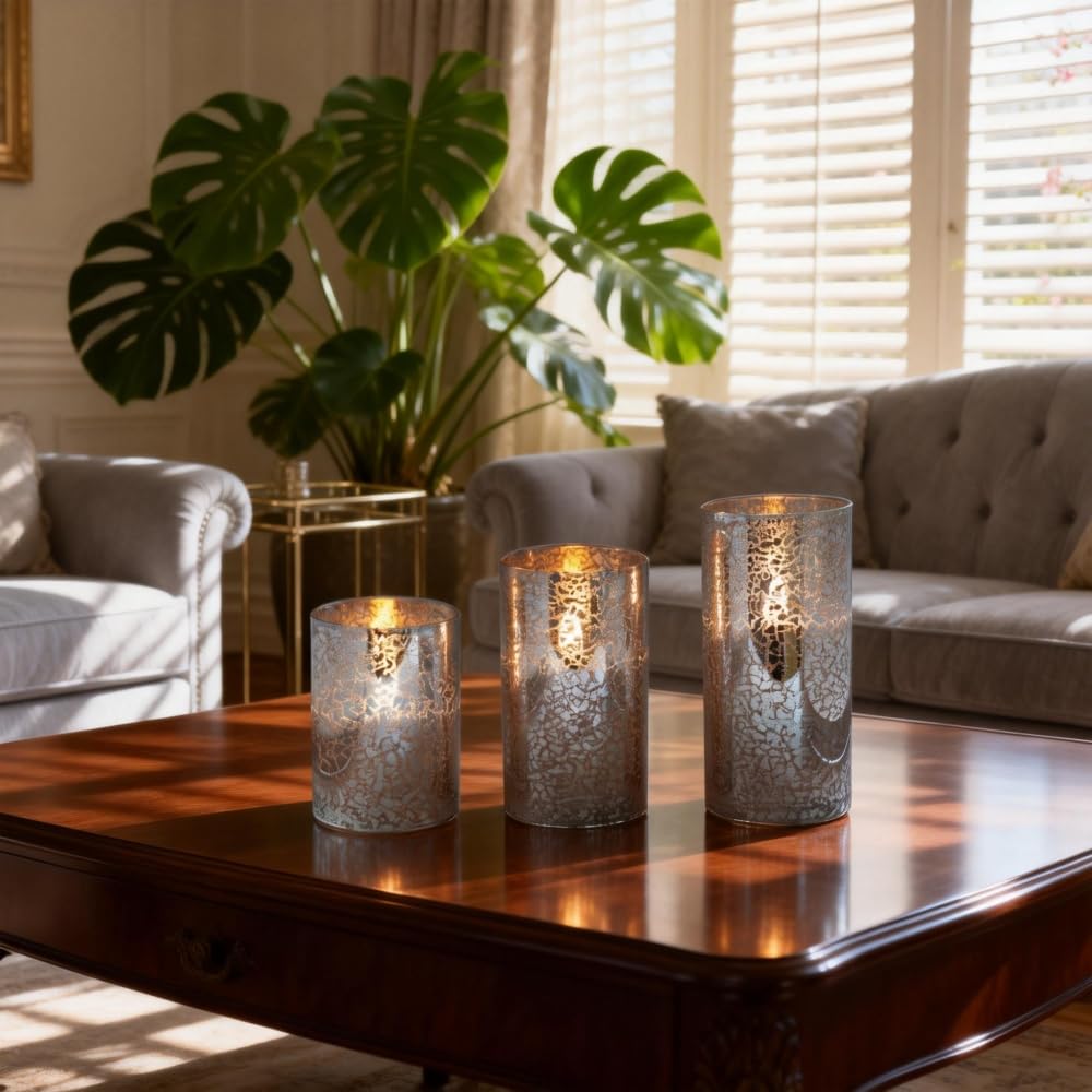 Silver Mercury Crackle Glass Flameless LED Pillar Candles Set of 3 – Warm White Flicker, Remote & Timer, Batteries Included, for Mother's Day, Spring Weddings, Home Decor & Romantic Ambiance