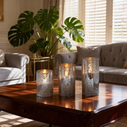 Silver Mercury Crackle Glass Flameless LED Pillar Candles Set of 3 – Warm White Flicker, Remote & Timer, Batteries Included, for Mother's Day, Spring Weddings, Home Decor & Romantic Ambiance