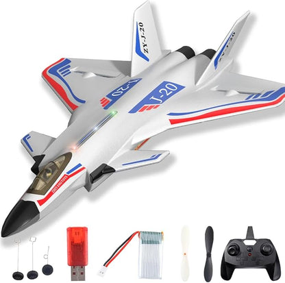 Remote Control Plane RTF J-20 Fire Fang 2.4Ghz 6-axis Gyro RC Airplane with Light Strip Jet Fighter Toy Gift for Kids Beginner (Stealth White)
