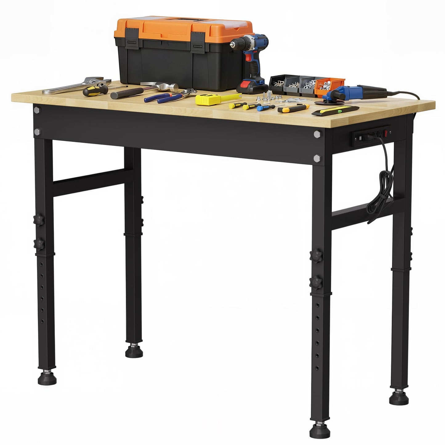 47" Height Adjustable Workbench, 2000 LBS Load Capacity Workstation Desk, Rubber Wood Top Workstation with Power Outlet, Heavy-Duty Hardwood Worktable for Workshop, Garage