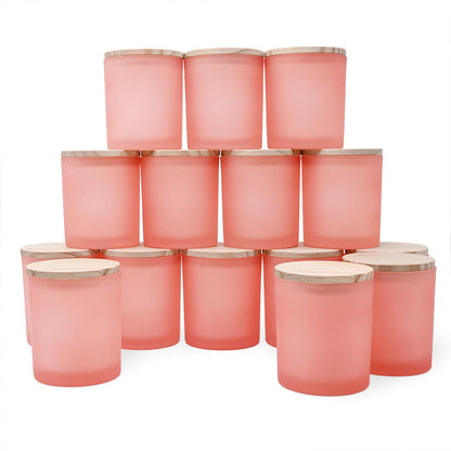 SHOWIN 10 OZ Thick Candle Jars for Making Candles 15 Pcs, Empty Jars with Wood Lids for Candle Making, Sample Container, Frosted Pink