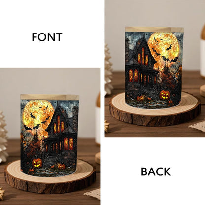 Halloween Horror House Tealight Candle Holder, Pumpkin Candle Jar Tea Light Holder, Stained Glass Halloweens Night Tealight Holders Candlesticks Gift for Halloween Christmas Thanksgiving