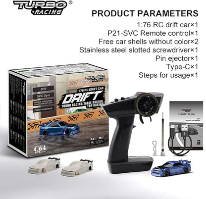 Turbo Racing 1:76 Scale Drift RC Car with Gyro Mini Full Proportional RTR 2.4GHZ Remote Control with 2 Replaceable Body Shell (C64-BLUE)