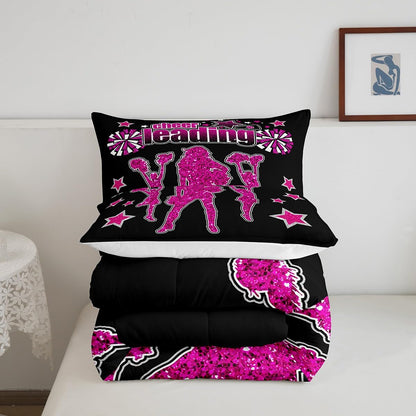 Cheering Team Comforter Set Twin Size,Gymnastics Cheerleading Bedding Set 2Pcs,Kids Girls Women Teens Bedroom Decor,Glitter Stars Rose Pink Quilted Duvet Black Fashion Duvet Insert,1 Pillowcase