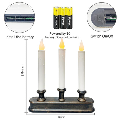 Christmas Window Candle - 3 Light Battery Operated LED Window Candelabra with Dusk to Dawn Light Sensor, Flicker Flameless Candle Lamps for Home Table Party Christmas Decoration, Bronze Base