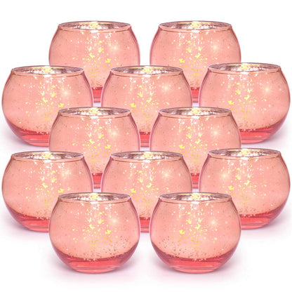 Volens Round Rose Gold Votive Candle Holders, Mercury Glass Tealight Candle Holder Set of 12