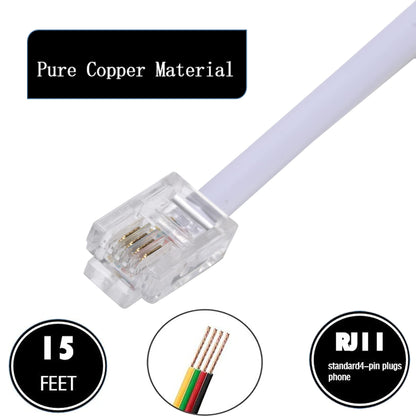 Ubramac 15 Feet Long Telephone Extension Cord Phone Cable Line Wire, with Standard RJ11 Plug and 1 in-Line Couplers and 15 Cable Clip Holders-White