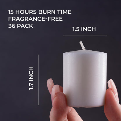 CANDWAX Unscented White Votive Candles Set of 36 - Clean-Burning, Long-Lasting 15 Hour Burn - Ideal for Weddings, Home Décor, Spa, Events - Bulk Value for Versatile Use