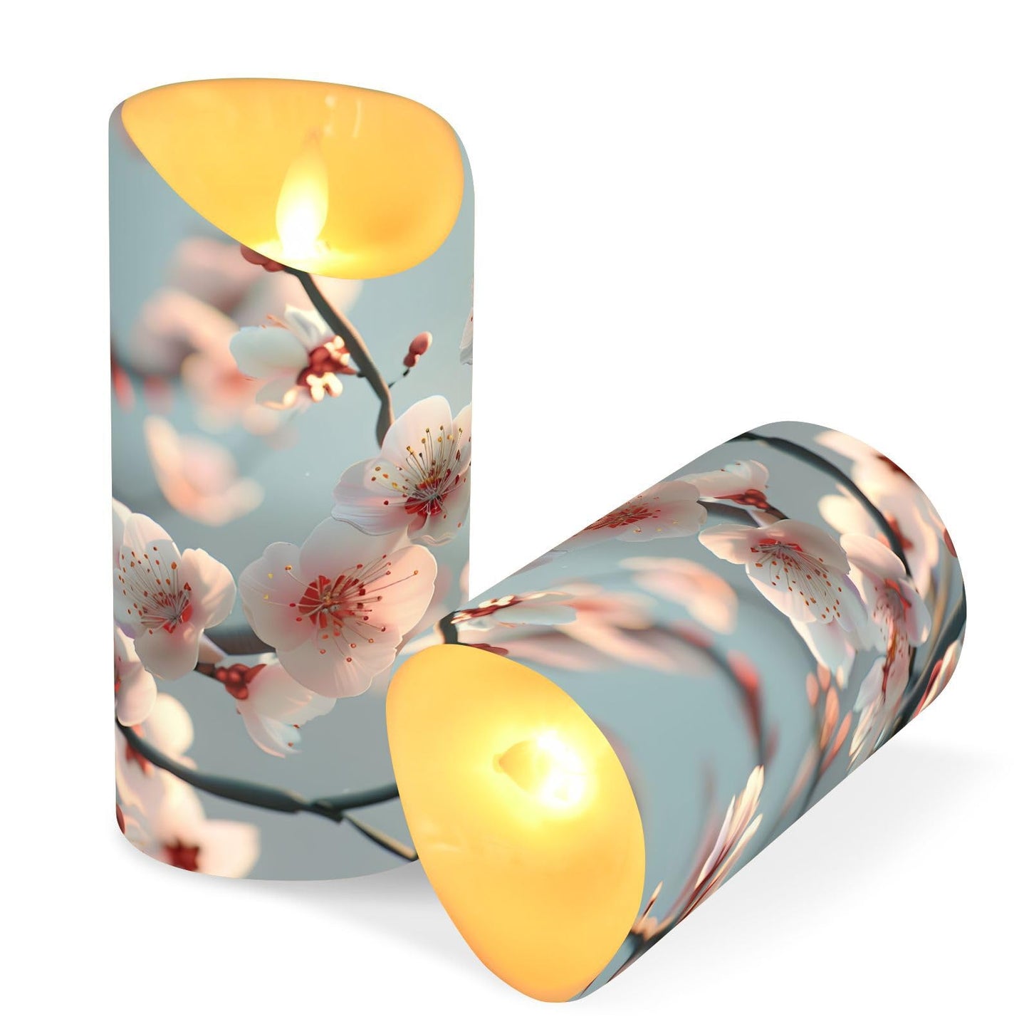 ALAZA Spring Pink White Flower Branches Flickering Flameless Candles Battery Operated with Remote Timer,Tea Light Candles LED Pillar Votive Set of 2 for Outdoor Indoor Decorations 3" x5.9"