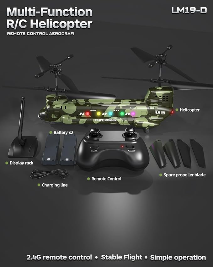 Army Chinook Remote Control Helicopter LM19-D Military Transport RC Helicopter Altitude Hold One Key take Off/Landing LED Light Low Battery Reminder Army Toys &amp Gift for Military Fans