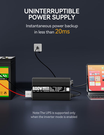 ECO-WORTHY 600W Inverter Charger, 600W Pure Sine Wave Inverter & 30A LiFePO4 Battery Charger with 20ms UPS, DC 12V to AC 110V, Output Surge 1200W, for RV Lithium Batteries Roadtrip Essentials