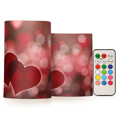 Valentines Lights Flameless Candles Valentines Hearts Bokeh Effect Pillar Candles Set of 2 Battery Operated Remote Control Warm Lights Home Decor