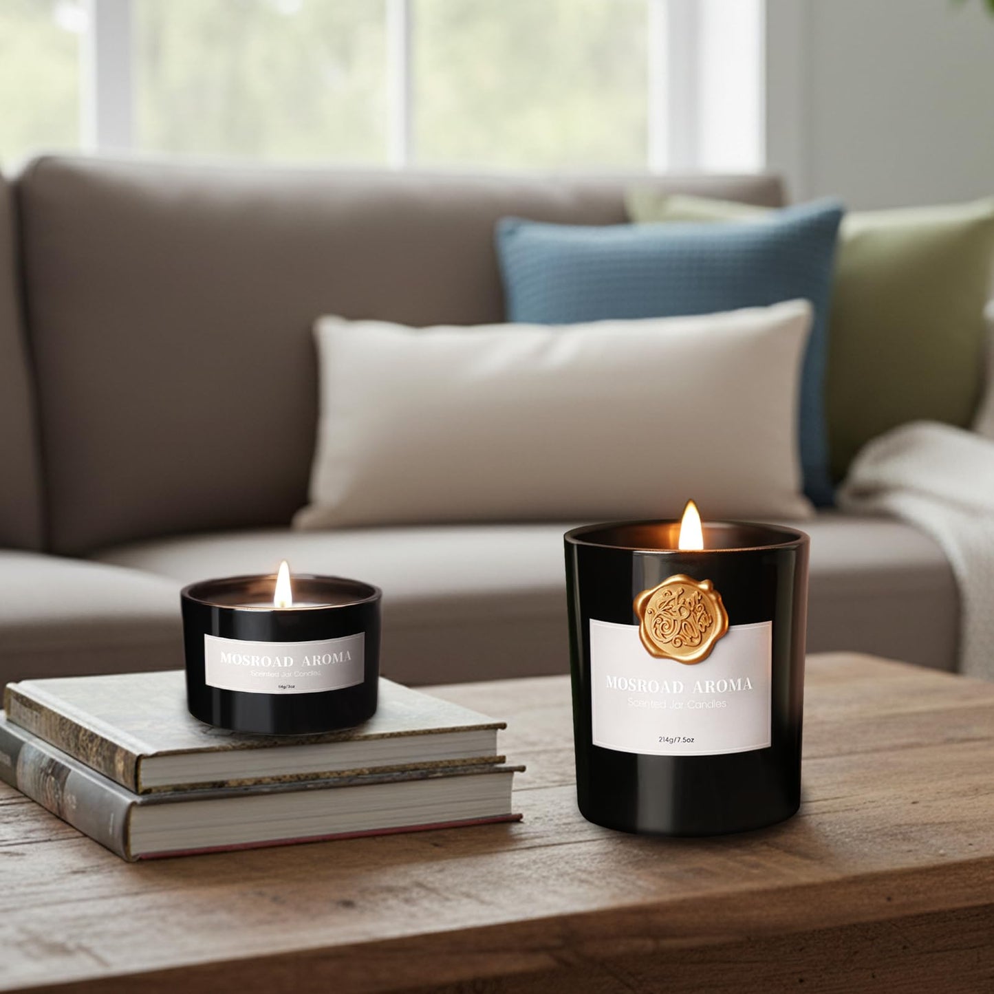 2-Pack Jasmine, Oud & Sandalwood Scented Candles Set for Men, Luxury Aromatherapy Jar Candle for Home Scented, Natural Soy Fragrance Black Jar Candles, Gift for Men, Father, Husband