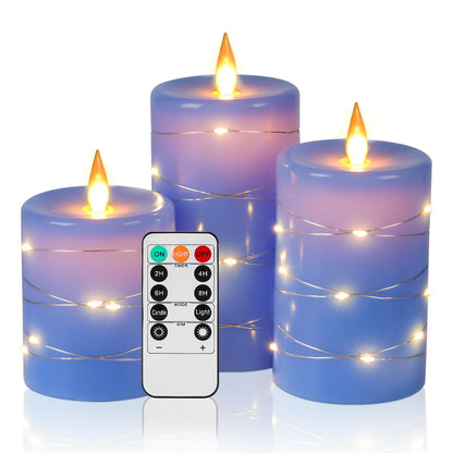 Da by 3 Pack Blue Real Wax Flameless Taper Candles, Lifelike Flickering LED Flame Candles with Surrounding Fairy String Lights, Soft Warm Battery Candles with Remote for Home Wedding Holiday Decor