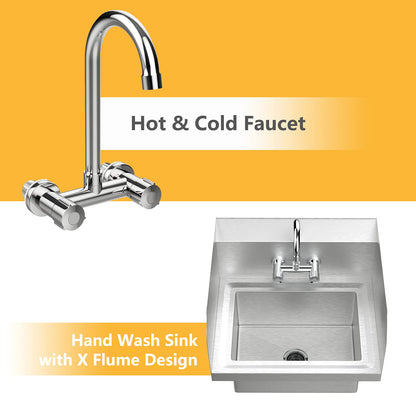 VINGLI Commercial Hand Wash Sink Stainless Steel Bar/Prep with Side Splash Guard, Wall Mount Utility Sink with Faucet, Heavy Duty Washing Basin for Restaurant, Home Kitchen 17W x 15D x 14H
