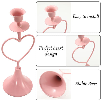JarThenaAMCS 2Pcs Valentine's Day Taper Candle Holder Pink Heart Tall Metal Candle Stick Holder for Wedding Anniversary Party Table Centerpiece Decoration
