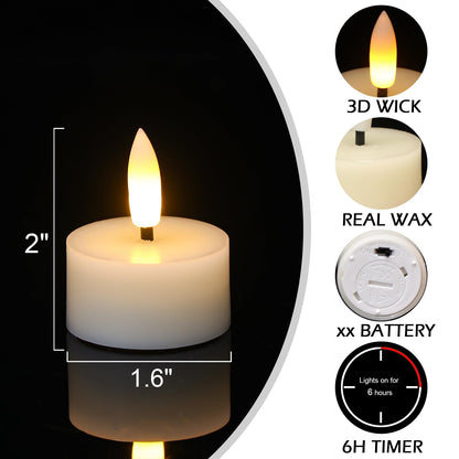 GenSwin Real Wax Tea Lights Candles Battery Operated, Flameless LED Tealights Candles with 6H Timer, 10 Pcs Battery Tea Lights with 3D Flame for Christmas Holiday Home Decor(Ivory, D1.6” x H2”)