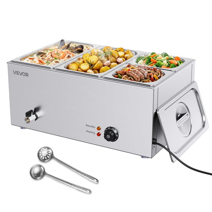 VEVOR 4-Pan Commercial Food Warmer, 24QT Electric Steam Table, 1200W Professional Countertop Stainless Steel Buffet Bain Marie with 86-185°F Temp Control for Catering and Restaurants, Silver