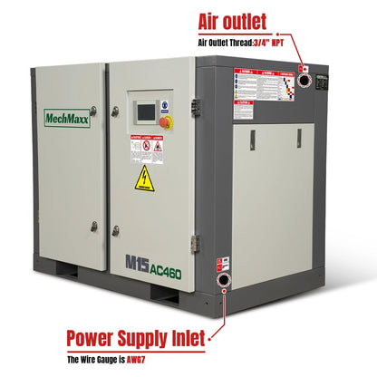 MechMaxx 15HP Rotary Screw Air Compressor – 45 CFM, 116 PSI, 460V 3-Phase | Industrial-Grade, M15AC460