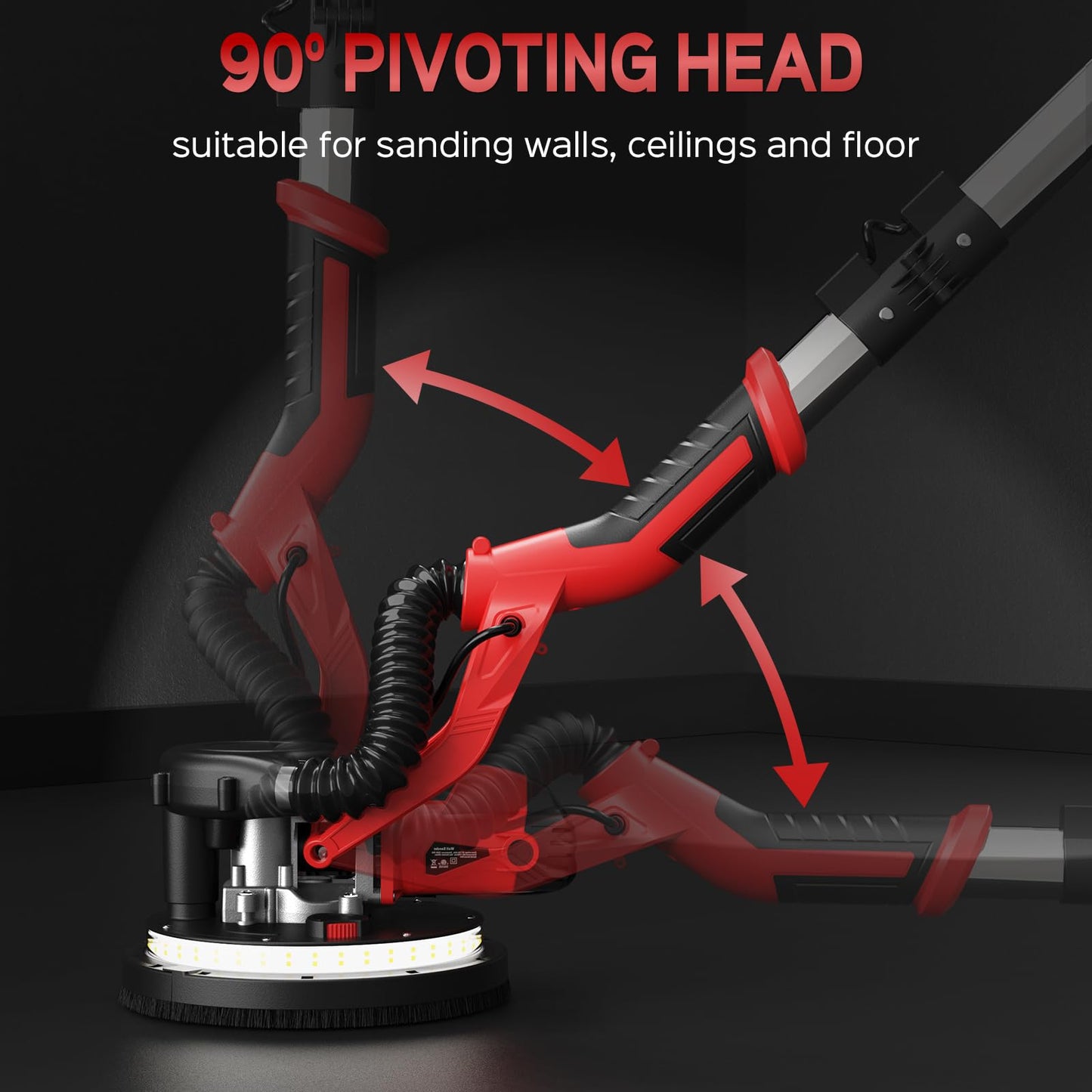 Drywall Sander, 2025 Upgraded 8-Amp Popcorn Ceiling Removal Tool with 7 Variable Speed 800-1800RPM, Drywall Sander with Vacuum Dust Collector with Extendable Handle, LED Light, 12pcs Sanding Discs,Red