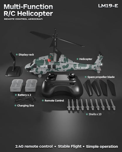RC Helicopter LM19-E 2.4GHz Remote Control Helicopter with 10 Launchable Missiles LED Light Altitude Hold One-Key Take Off Indoor Friendly Army Toys for Birthday(2 Batteries)