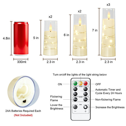Raycare Flameless Candle with Remote Timer 7 Flickering Acrylic Battery Operated LED Pillar Candles with Embedded Star String for Christmas, Wedding, Home Table Decor, and as a Gift (Ivory White)