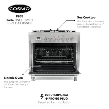 COSMO F965 36 in. Stellar Collection 4.4 cu. ft. Dual Fuel Range, 5 Sealed Burners, 8 Function Convection Oven in Stainless Steel